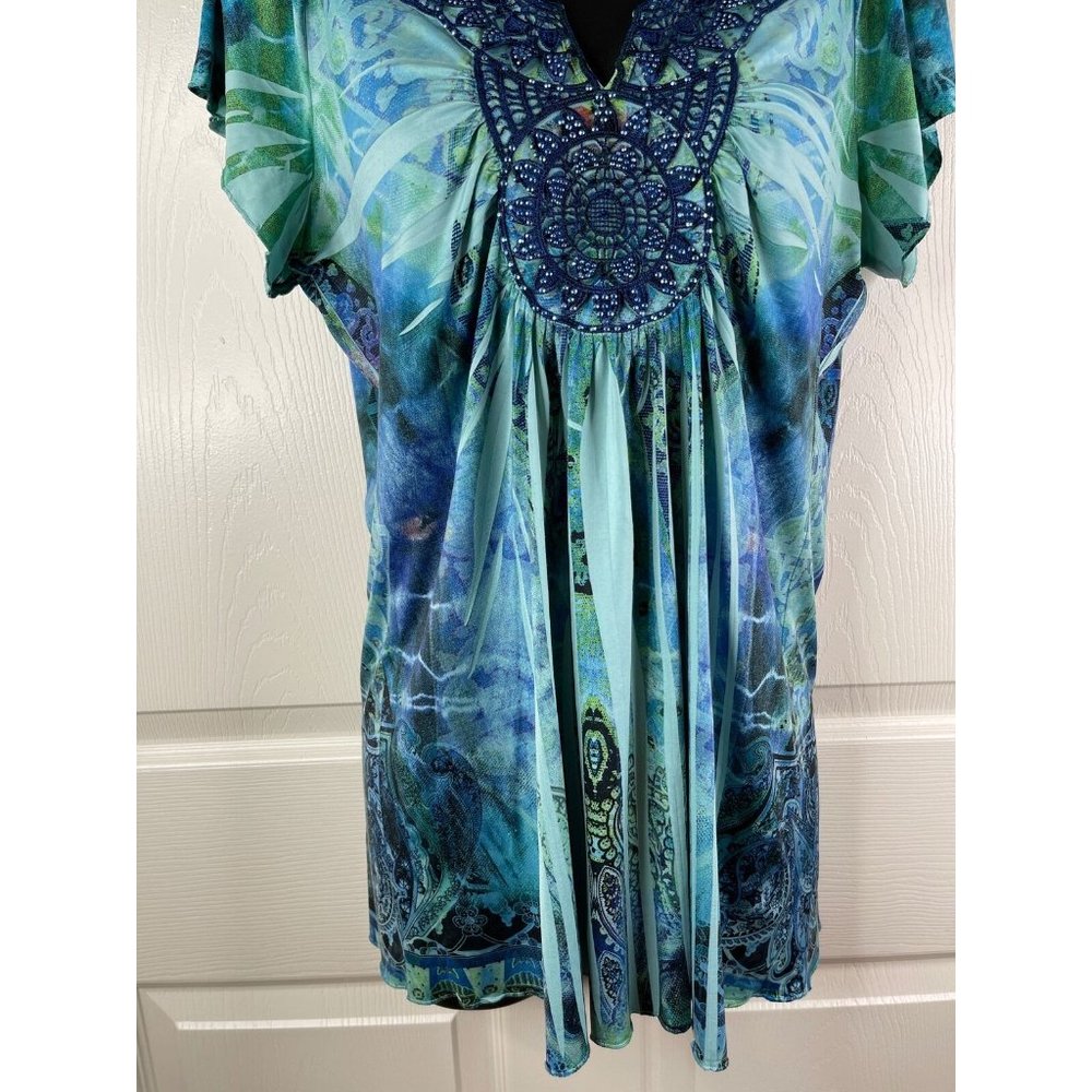 Apt 9 Blouse Women Blue Green Short Sleeve Stretch Smooth Knit Top Size Medium M - Picture 4 of 11